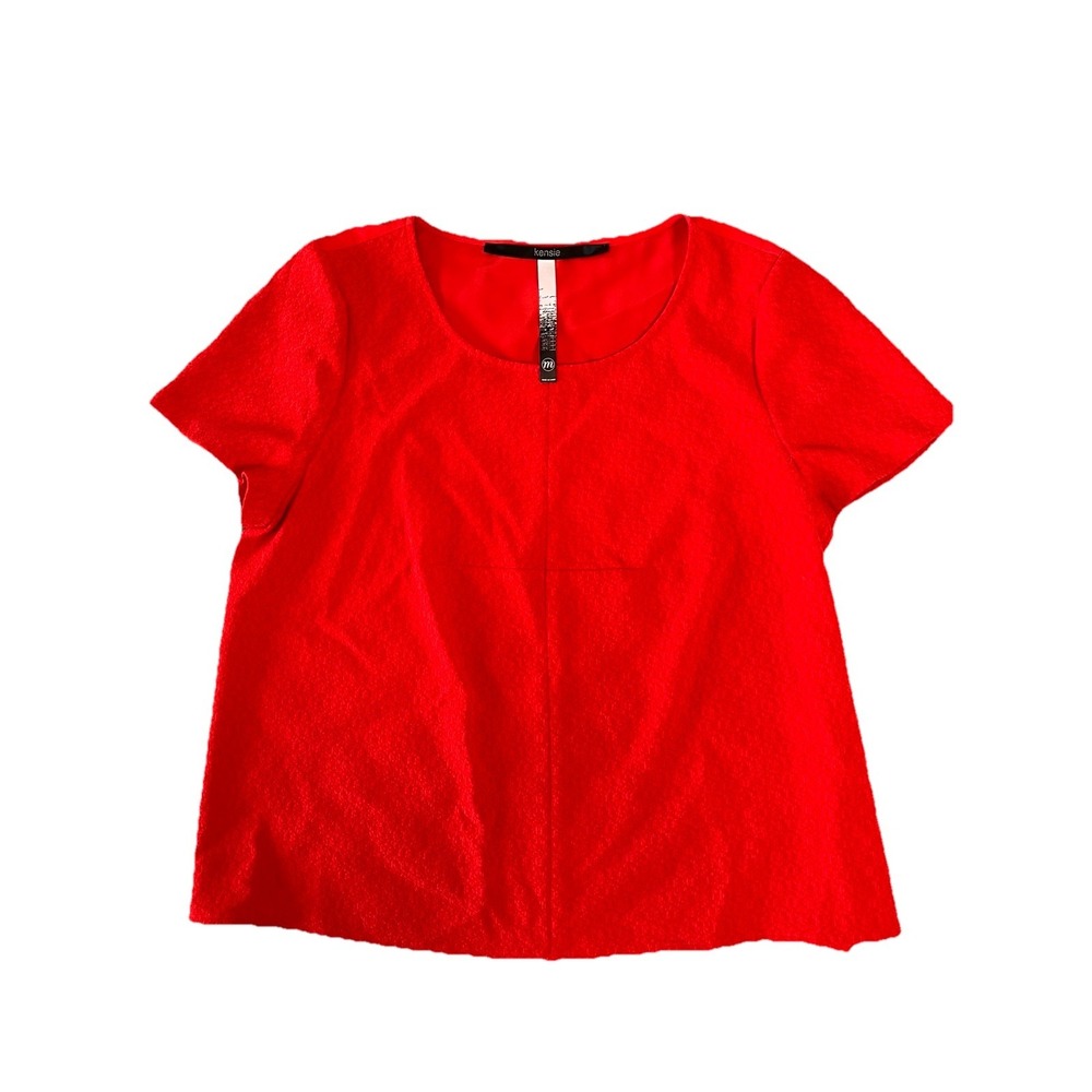 Womens Kensie Short Sleeve Shirt Red Textured Front Top Size M Career Casual